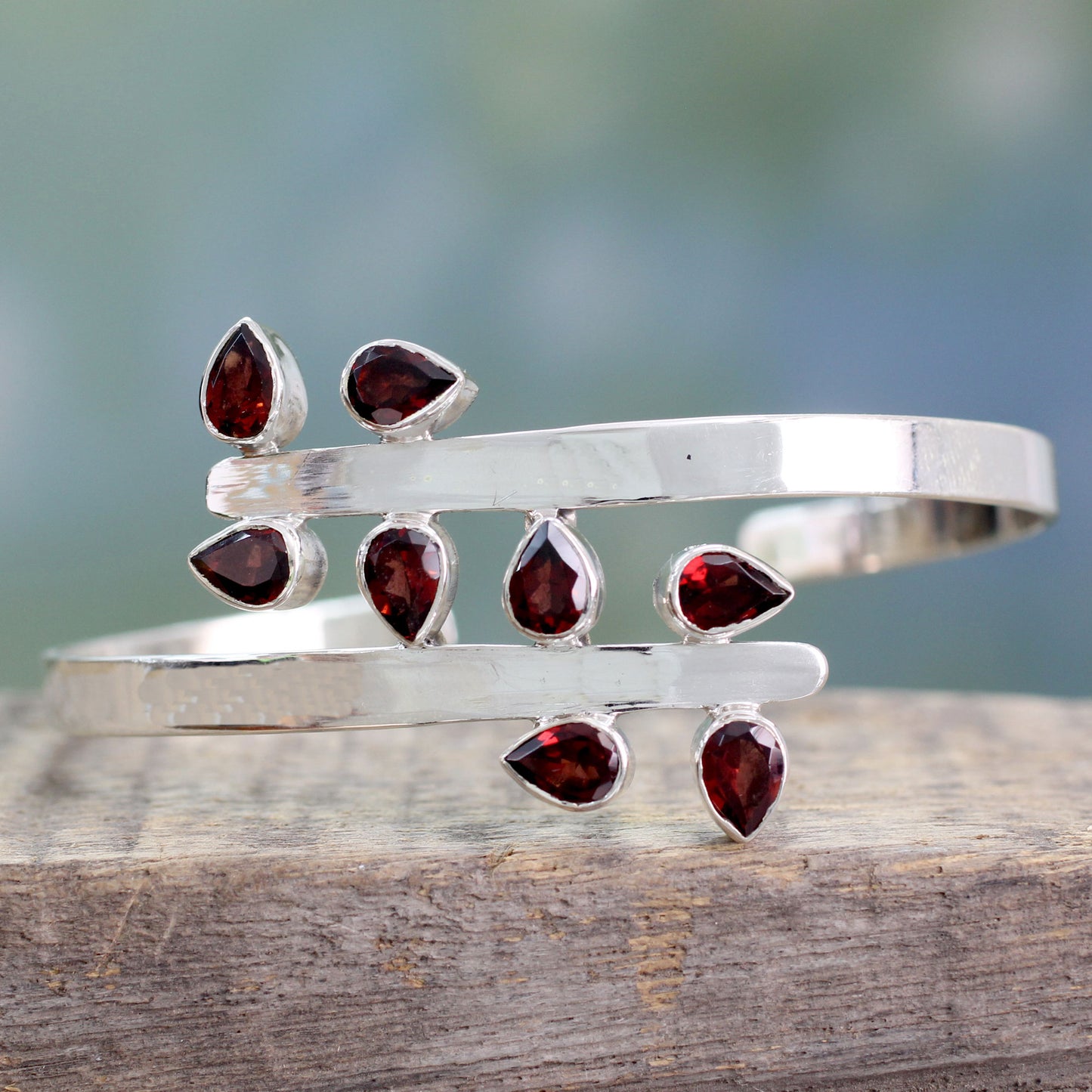 Red Forest Fern Garnet & Silver Cuff Bracelet