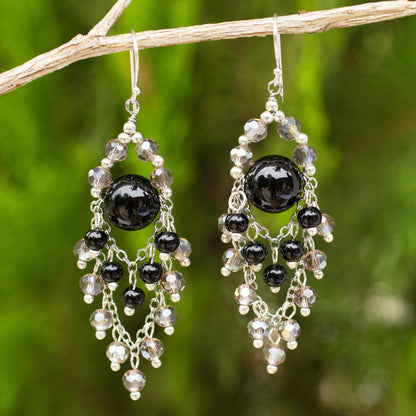 Brilliant Meteor Chandelier Style Earrings with Onyx and Glass Beads