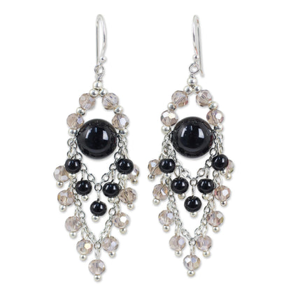 Brilliant Meteor Chandelier Style Earrings with Onyx and Glass Beads