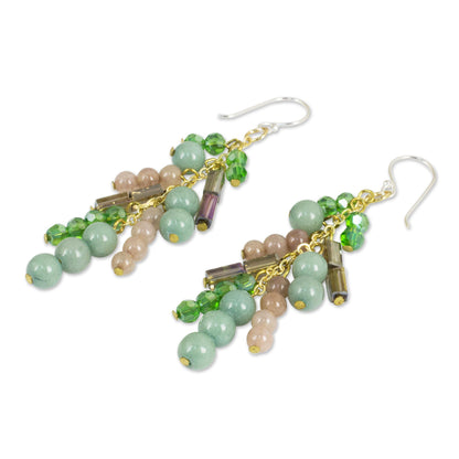 Brilliant Cascade Quartz and Glass Bead Waterfall Earrings in Green Shades