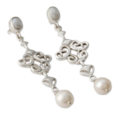 Ode to Fantasy Shiny Sterling Silver Earrings with White Pearls from India