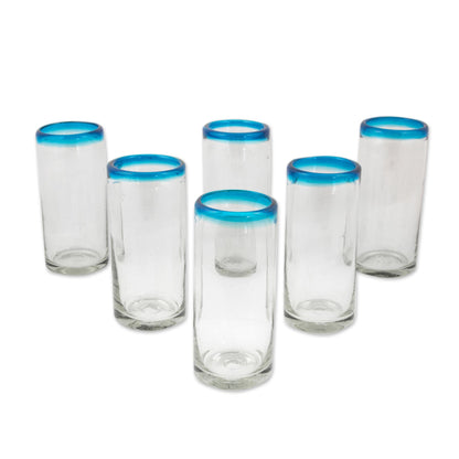Aquamarine Kiss Set of 6 Aqua Rim Hand Blown Clear 11 oz High Ball Glasses
