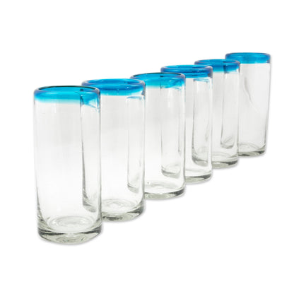 Aquamarine Kiss Set of 6 Aqua Rim Hand Blown Clear 11 oz High Ball Glasses