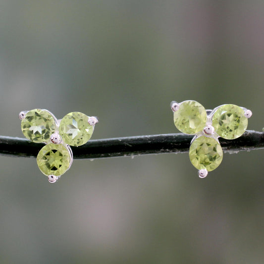 Charming Trio Artisan Crafted Triple Peridot Stud Earrings from India