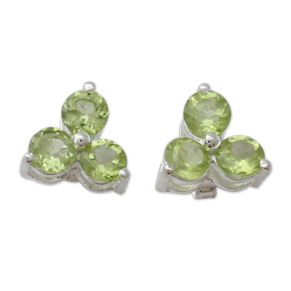 Charming Trio Artisan Crafted Triple Peridot Stud Earrings from India