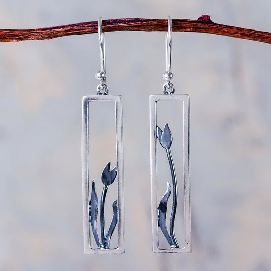 Tulip in the Window Modern Artisan Crafted Framed Tulip Silver Earrings