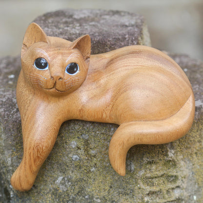 Watchful Ginger Cat Hand Carved Kitty Cat Sculpture in Medium Wood Finish