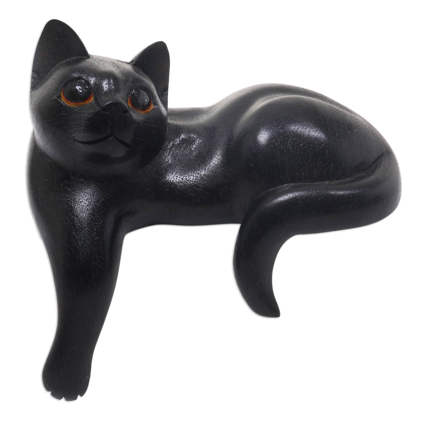 Watchful Black Cat Hand Carved Wooden Cat Sculpture with Black Finish