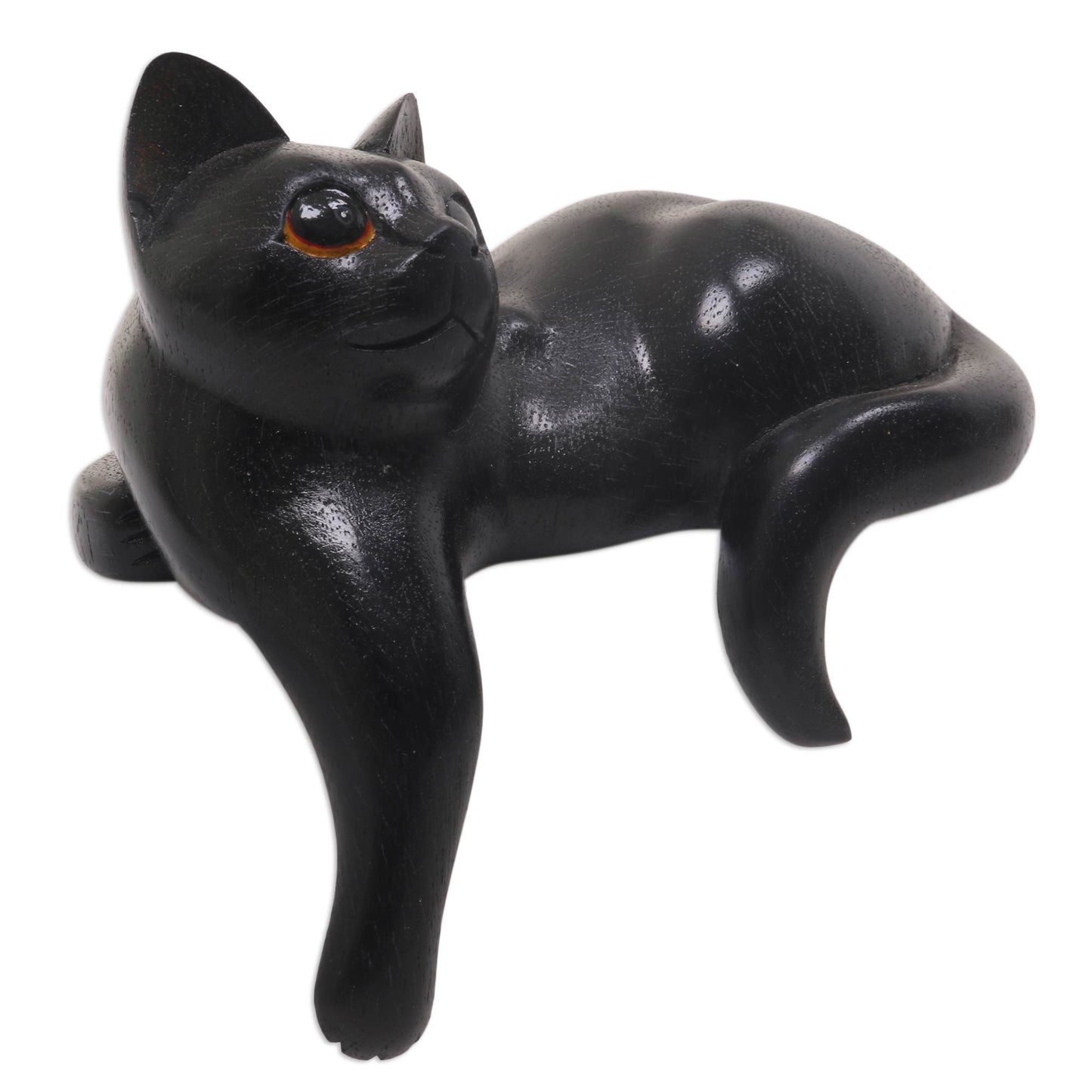 Watchful Black Cat Hand Carved Wooden Cat Sculpture with Black Finish