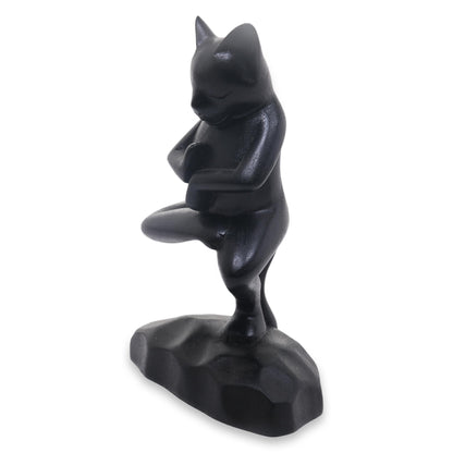 Vrkasana Black Cat Unique Wood Sculpture of Black Cat in Yoga Pose