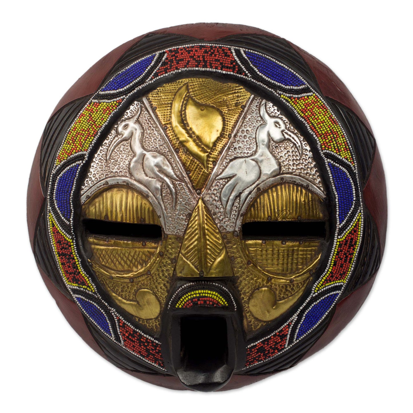 Promise of Prosperity Bead and Brass Repousse African Wall Mask with Animal Motifs