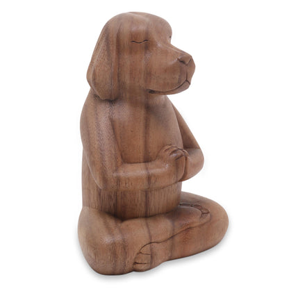Meditating Puppy Brown Wood Puppy Sculpture in Whimsical Yoga Pose