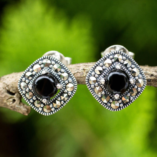 Vintage Belle Vintage Style Onyx and Marcasite 925 Silver Button Earrings