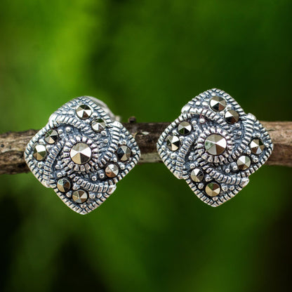 Starlight Pinwheels Modern Style 925 Sterling Silver Earrings with Marcasite