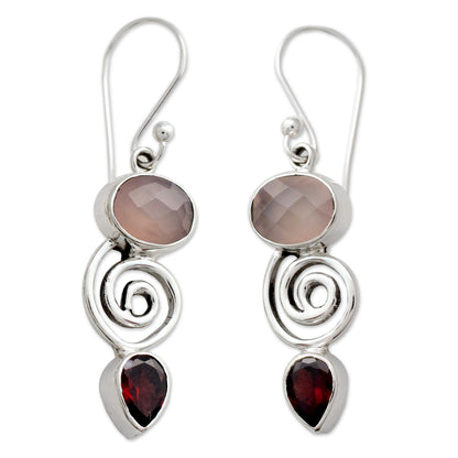 Romantic Journey Silver Dangle Earrings with Rose Quartz and Garnet Stones