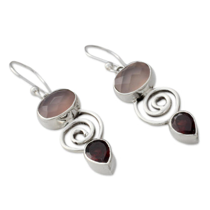 Romantic Journey Silver Dangle Earrings with Rose Quartz and Garnet Stones