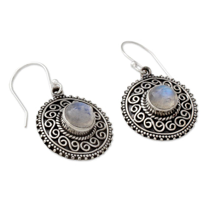 Moonlight Mandala Rainbow Moonstone Earrings with Oxidized Silver Accents