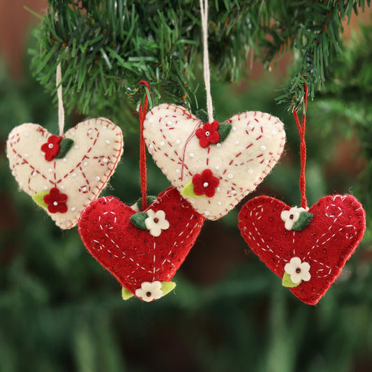Joyful Hearts Handcrafted Felt Heart Ornaments in Red and Ivory (Set of 4)