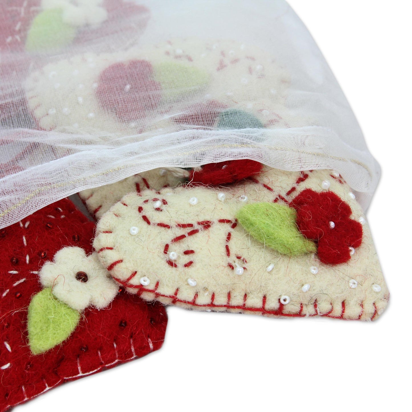 Joyful Hearts Handcrafted Felt Heart Ornaments in Red and Ivory (Set of 4)