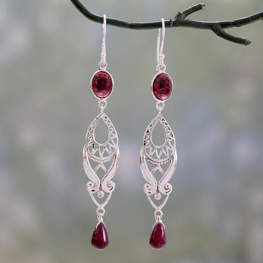 Mughal Mystery Long Ruby and Garnet Earrings in Sterling Silver from India