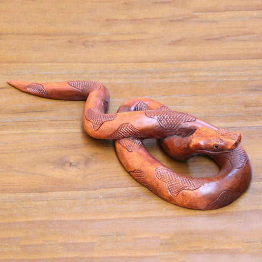 Sanca Hand Crafted Wood Python Sculpture by Balinese Artisan