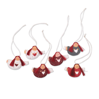 Red-headed Angels Set of 6 Red-Haired Wooden Angel Ornaments with Hearts