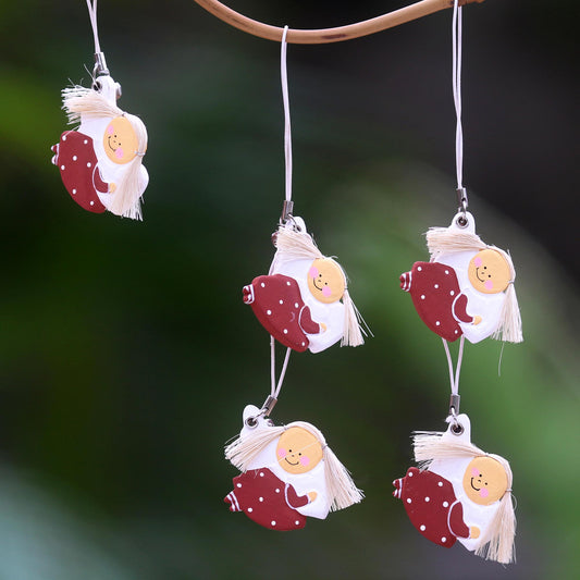 Little Red Angels Set of 5 Fair Trade Handmade Wood Angel Ornaments