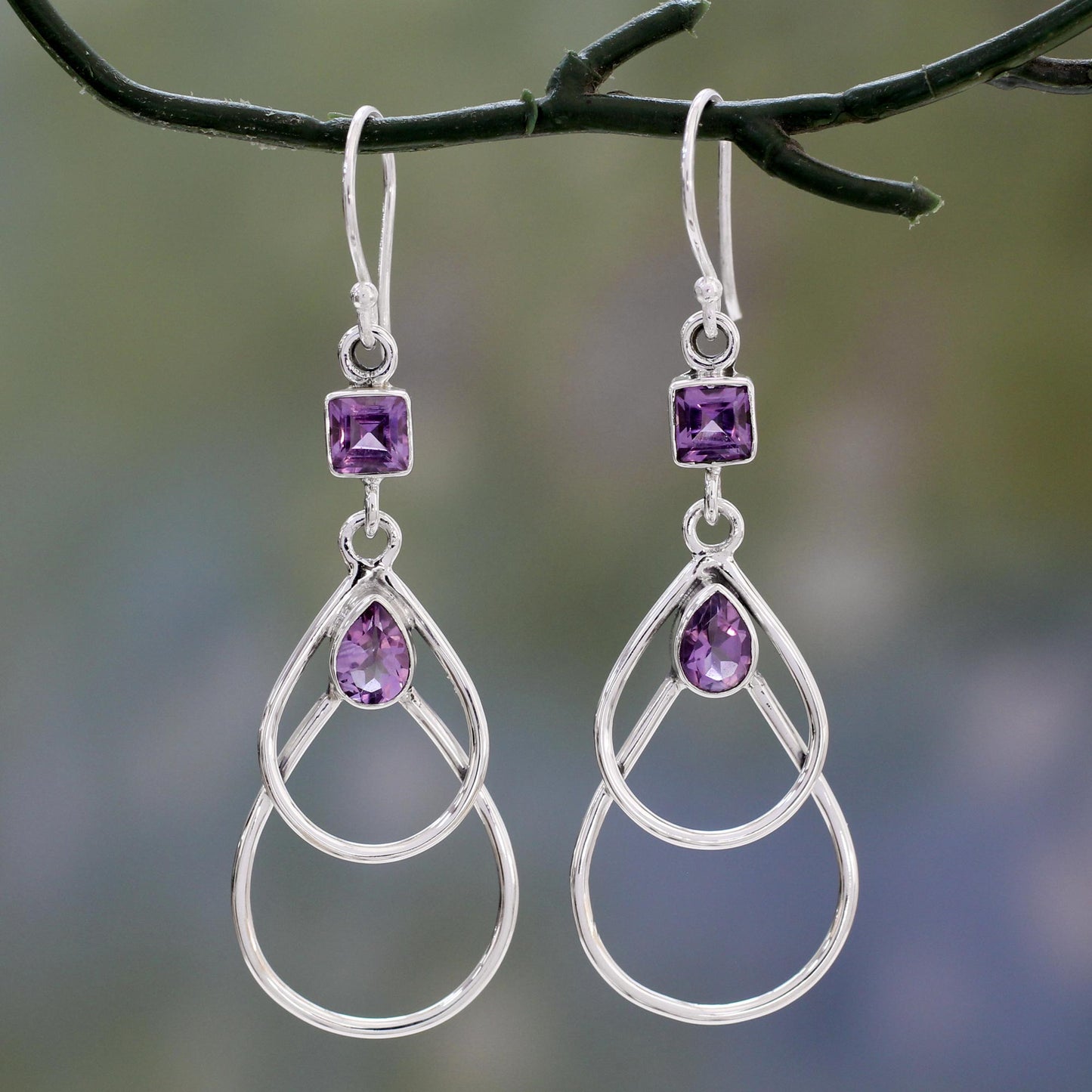 Purple Ice Contemporary Sterling Silver Earrings with Amethysts