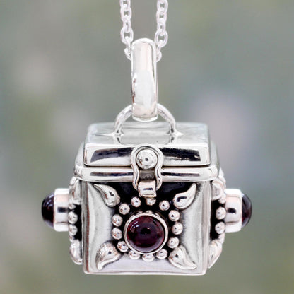 Royal Prayer Artisan Crafted Prayer Box Necklace in Silver with Garnet