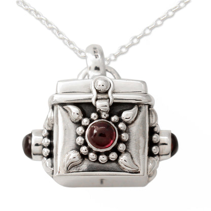 Royal Prayer Artisan Crafted Prayer Box Necklace in Silver with Garnet