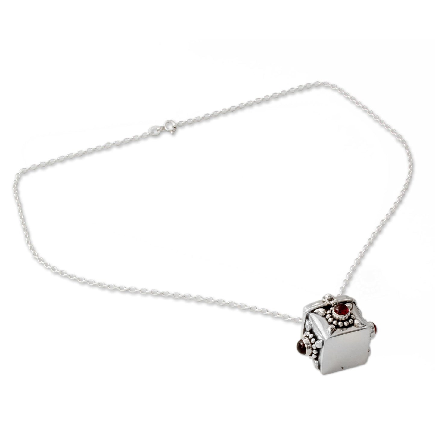 Royal Prayer Artisan Crafted Prayer Box Necklace in Silver with Garnet