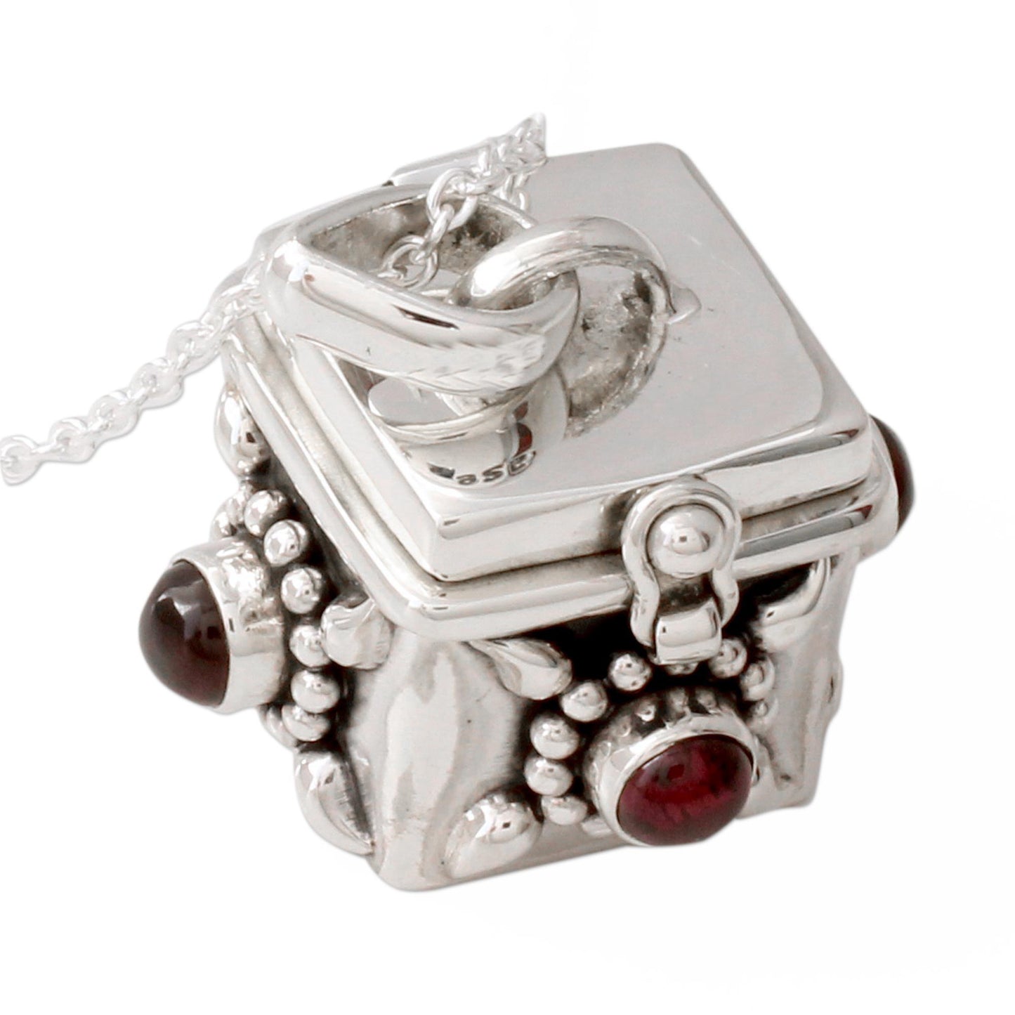 Royal Prayer Artisan Crafted Prayer Box Necklace in Silver with Garnet