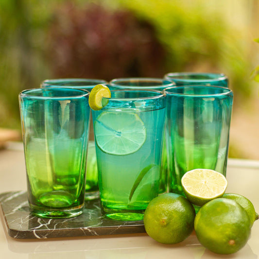 Aurora Tapatia 6 Artisan Crafted Blue Green Blown Glass Highball Glasses