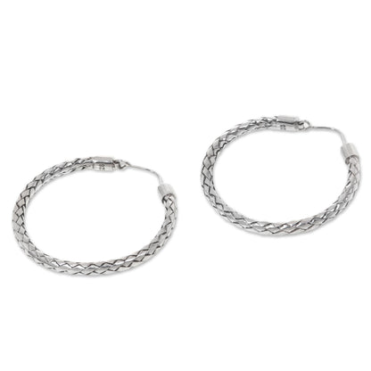 Pandan Weaving Hoop Earrings of Handwoven Sterling Silver Ribbons