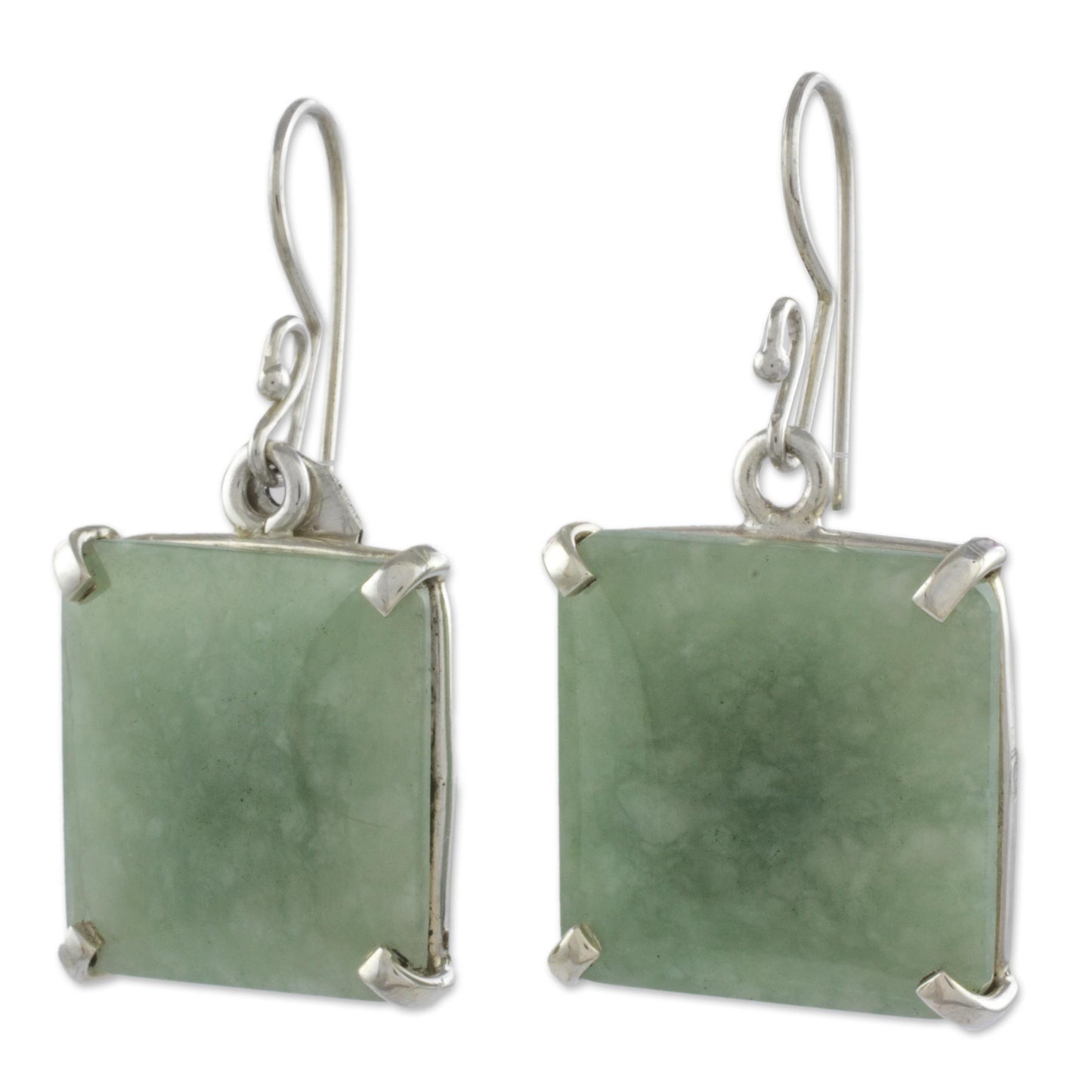 Abstract Square Minimalist Silver and Apple Green Jade Artisan Earrings