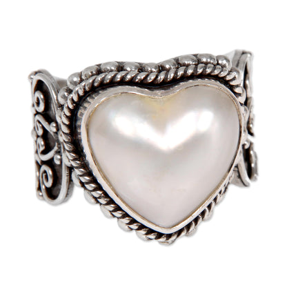 Romance in White Ornate Cocktail Ring with Heart Shaped White Mabe Pearl