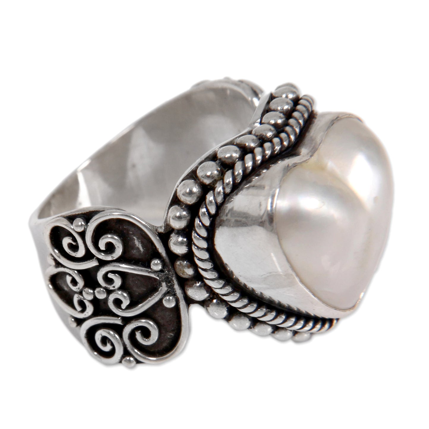 Romance in White Ornate Cocktail Ring with Heart Shaped White Mabe Pearl