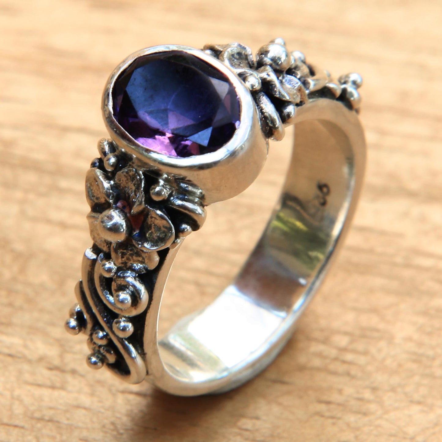 Frangipani Path Amethyst and Sterling Silver Single Stone Flower Ring