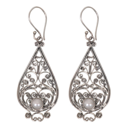 Filigree Tendrils Balinese Cultured Pearl Silver Filigree Handcrafted Earrings