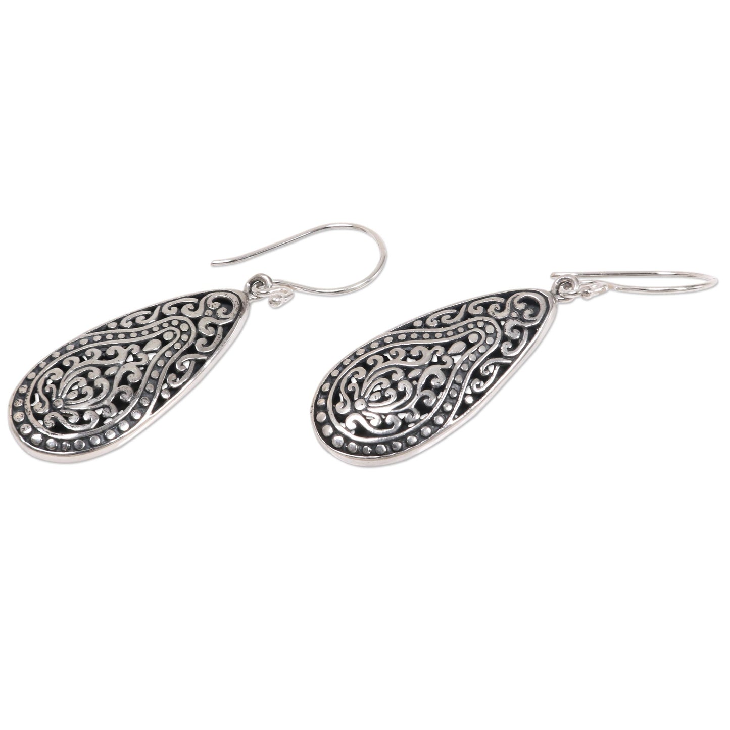 Floral Pear Engraved Sterling Silver Dangle Earrings from Bali