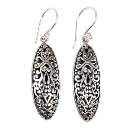 Balinese Floral Engraved Sterling Silver Dangle Earrings with Floral Motif