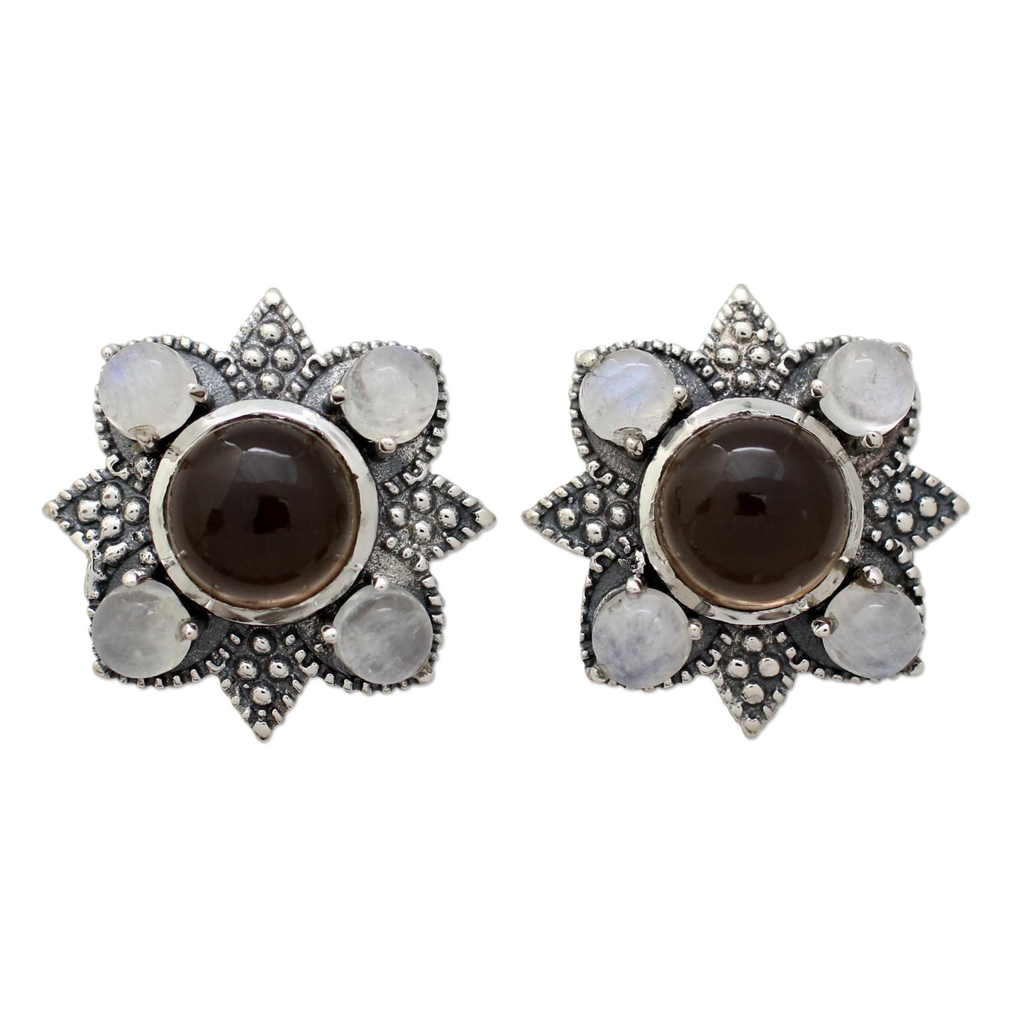 Mughal Moonlight Smoky Quartz & Silver Button Earrings