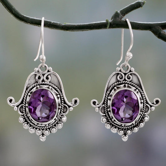 Jaipuri Glam Ornate Amethyst and Sterling Silver Dangle Earrings