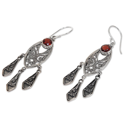 Balinese Wind Chime Handcrafted Garnet Chandelier Earrings in Sterling Silver