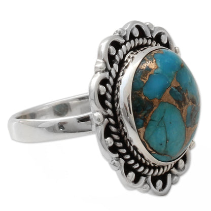 Golden Aqua Swirls Composite Turquoise Ring with Sterling Silver Petals