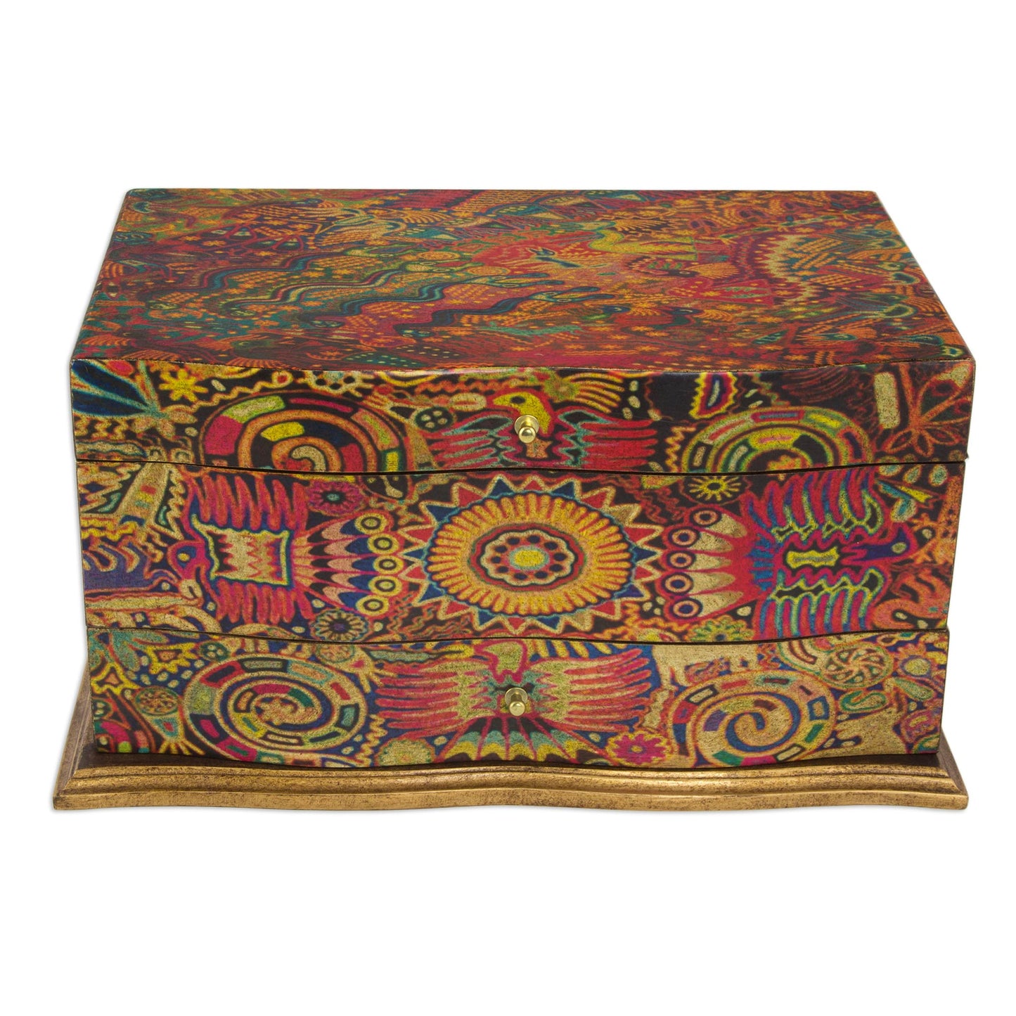 Huichol Enchantment Huichol Theme Decoupage on Pinewood Jewelry Box with 3 Decks