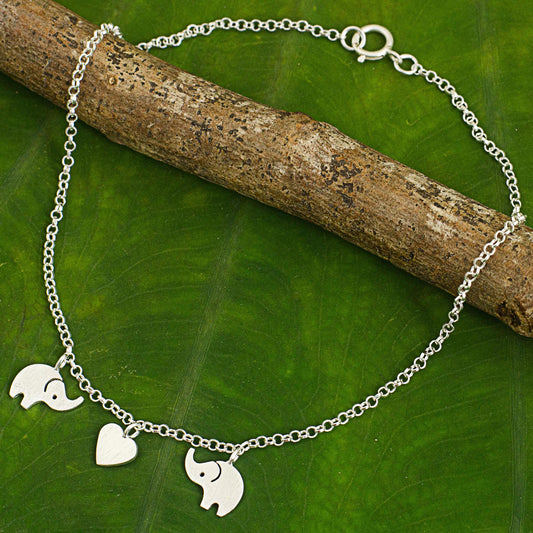 Elephant Romance Handcrafted Thai Sterling Silver Heart and Elephant Anklet