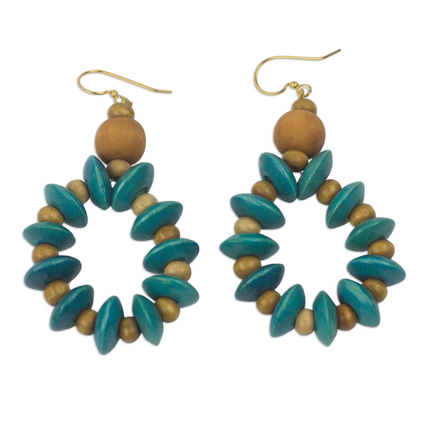 Bloom in Turquoise Artisan Crafted Beaded Wood Dangle Earrings from Ghana