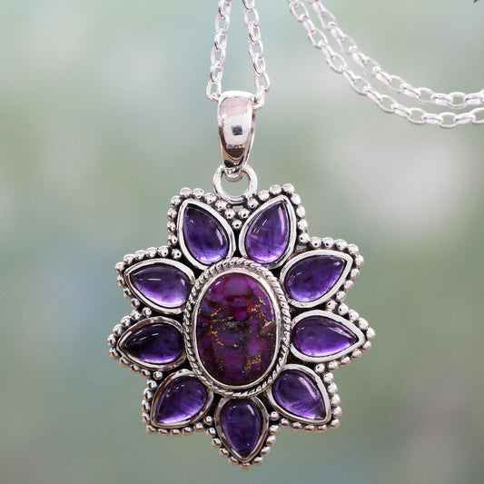 Ruffled Petals Silver Necklace with Amethyst and Composite Turquoise