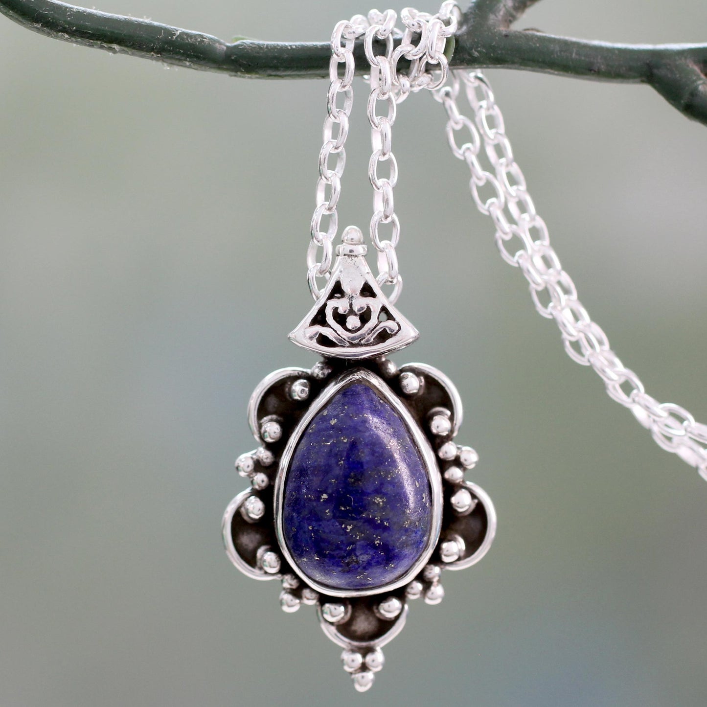 Royal Crown Silver Pendant Necklace with Lapis Lazuli Cabochon